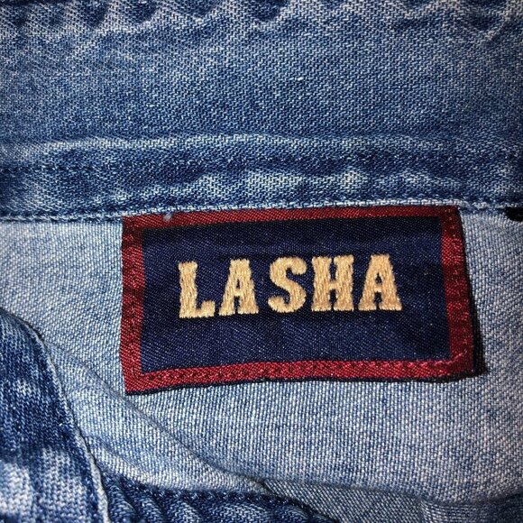 VTG Lasha Large Denim Flower Painted Floral Long Sleeve Button Up Shirt Top Sz L - Picture 9 of 10